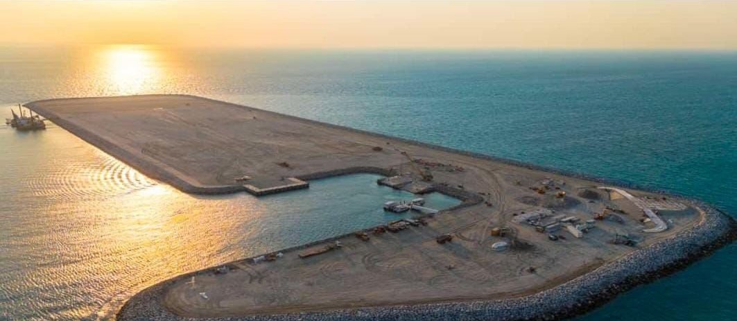 Aerial view of a completed artificial island built with Safran plant